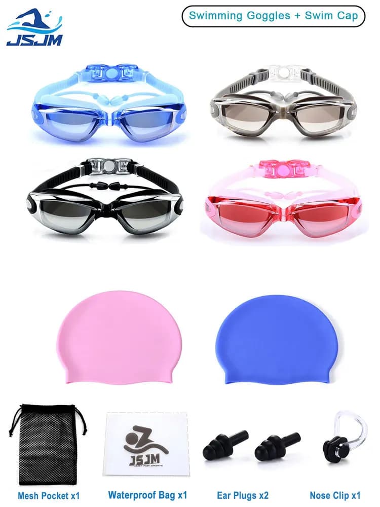 JSJM Professional unisex swimwear with anti-fog protection, UV and waterproof design + adult swim cap - for men and women