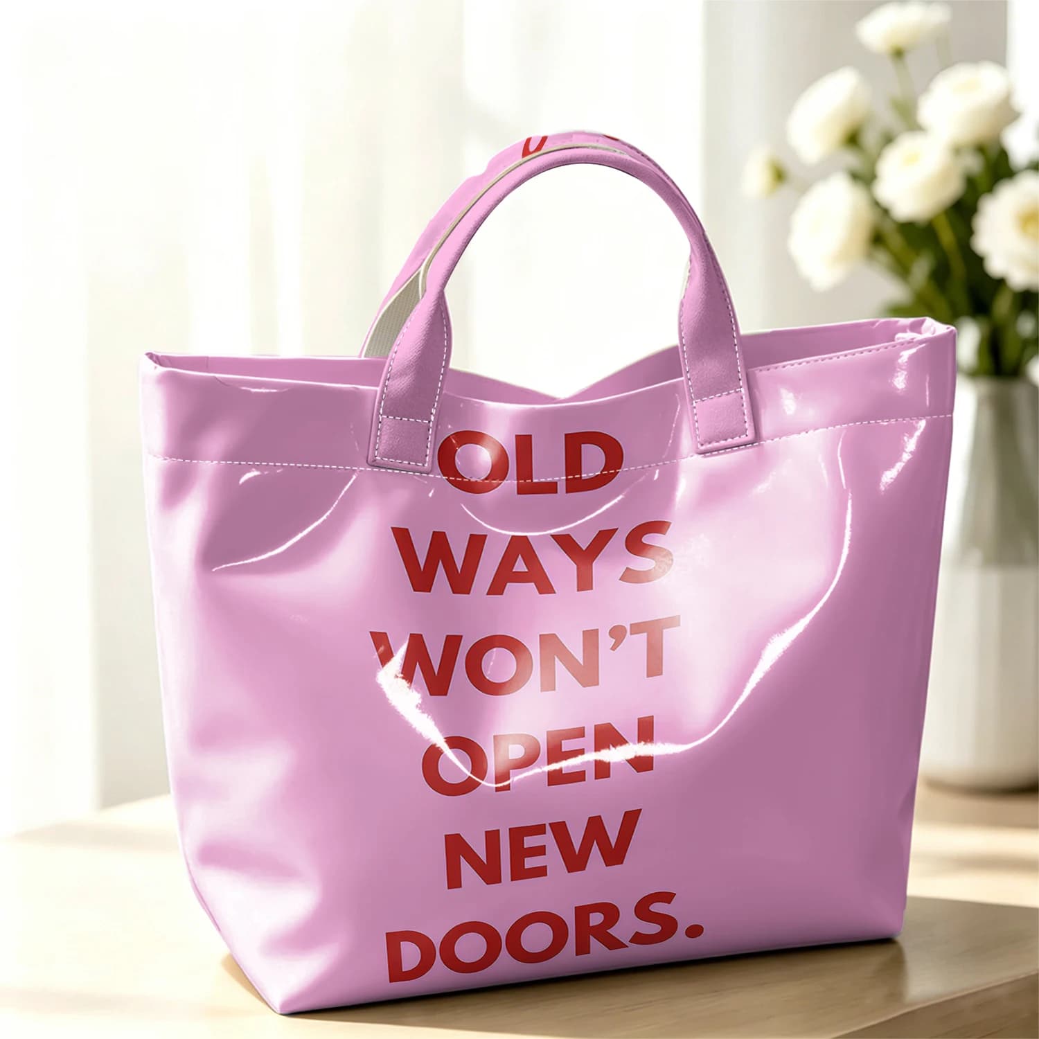 Pink Motivational Text Stylish Large Glossy PVC Tote Bag Washable Waterproof Durable Ideal for Travel Commute Cosmetics Handbags
