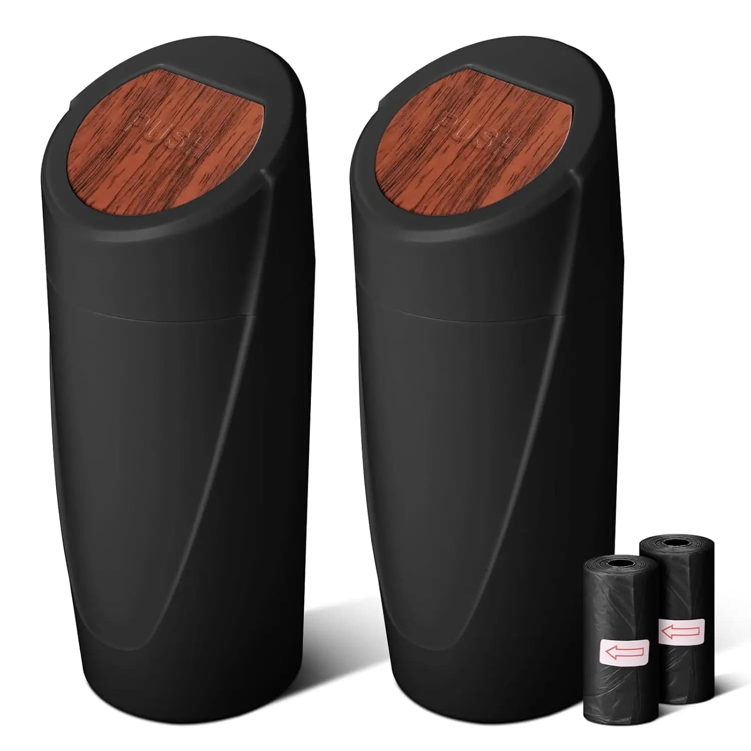 Set di 2 Contenitori per Rifiuti da Auto con Coperchio Effetto Legno, Bidone Antiscivolo per Portabicchieri con 40 Sacchetti per Organizzazione Veicoli