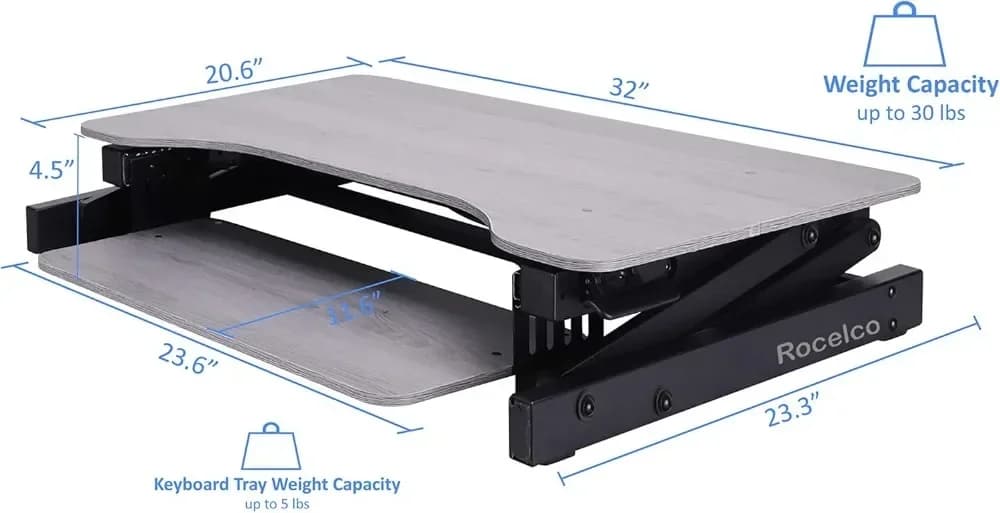 Adjustable Desk Converter in Height 32 Inches with Anti-Fatical Mat, Tray Retractable Keyboard, Support for Double Monitor - Grey
