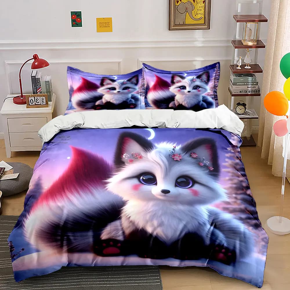 Simpatico volpe dagli occhi azzurri nella notte innevata Set copripiumino stampato 1 copripiumino + 2 federe Decorazione per camera da letto in diverse misure Regalo di lusso