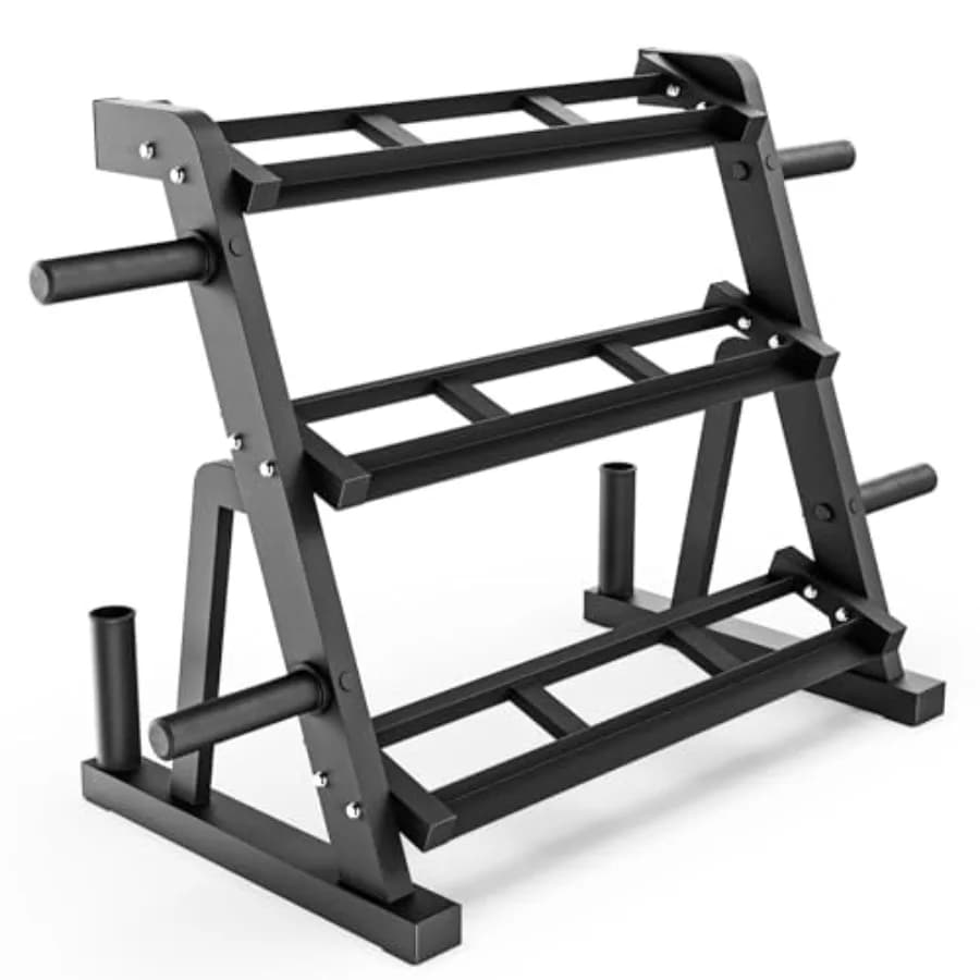 3-level handlebar rack with 2 barbell supports and 4 disc holders, with 2-level handlebar holder and third level