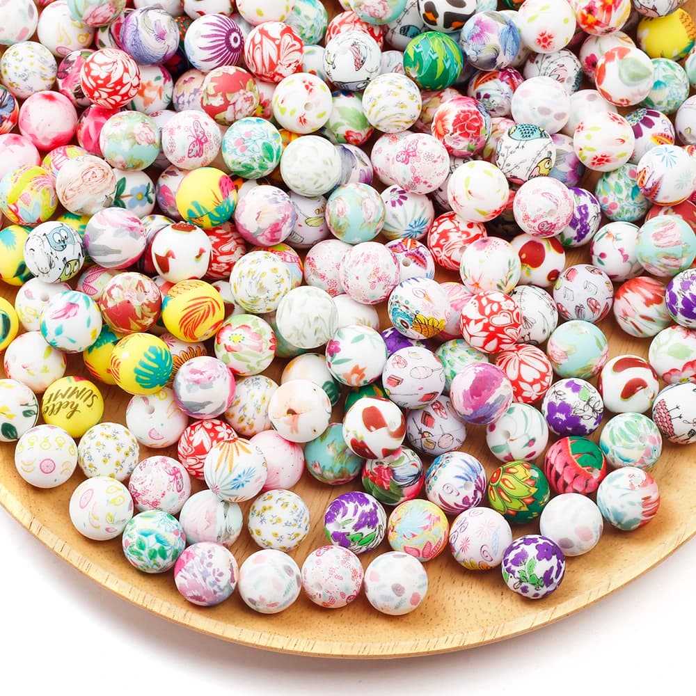 10Pcs 15mm nuove perline in Silicone stampa rotonda perline distanziatrici colorate per uso alimentare collana per allattamento per bambini catena per ciuccio giocattoli per massaggiagengive