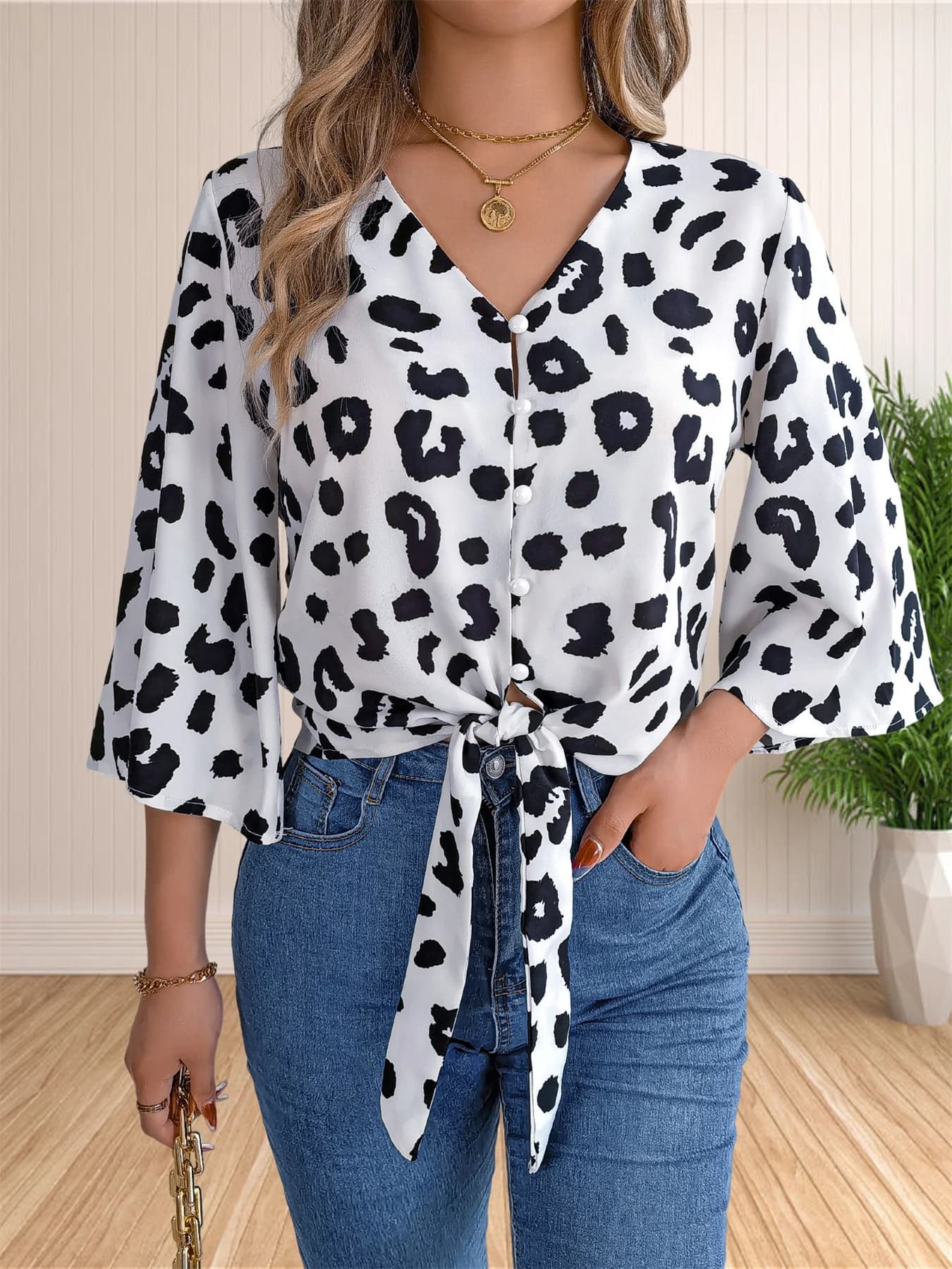 Camicetta da donna con scollo a V allentato abbottonata a 3/4 maniche con nodo a tunica top