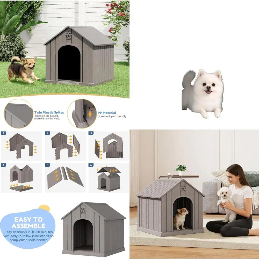 Cuccia per Cani in Plastica Resistente con Prese d'Aria, Pavimento Rialzato, Facile Montaggio per Cani di Piccola e Media Taglia (Grigio, 26.18L × 24.02W × 25.98H)