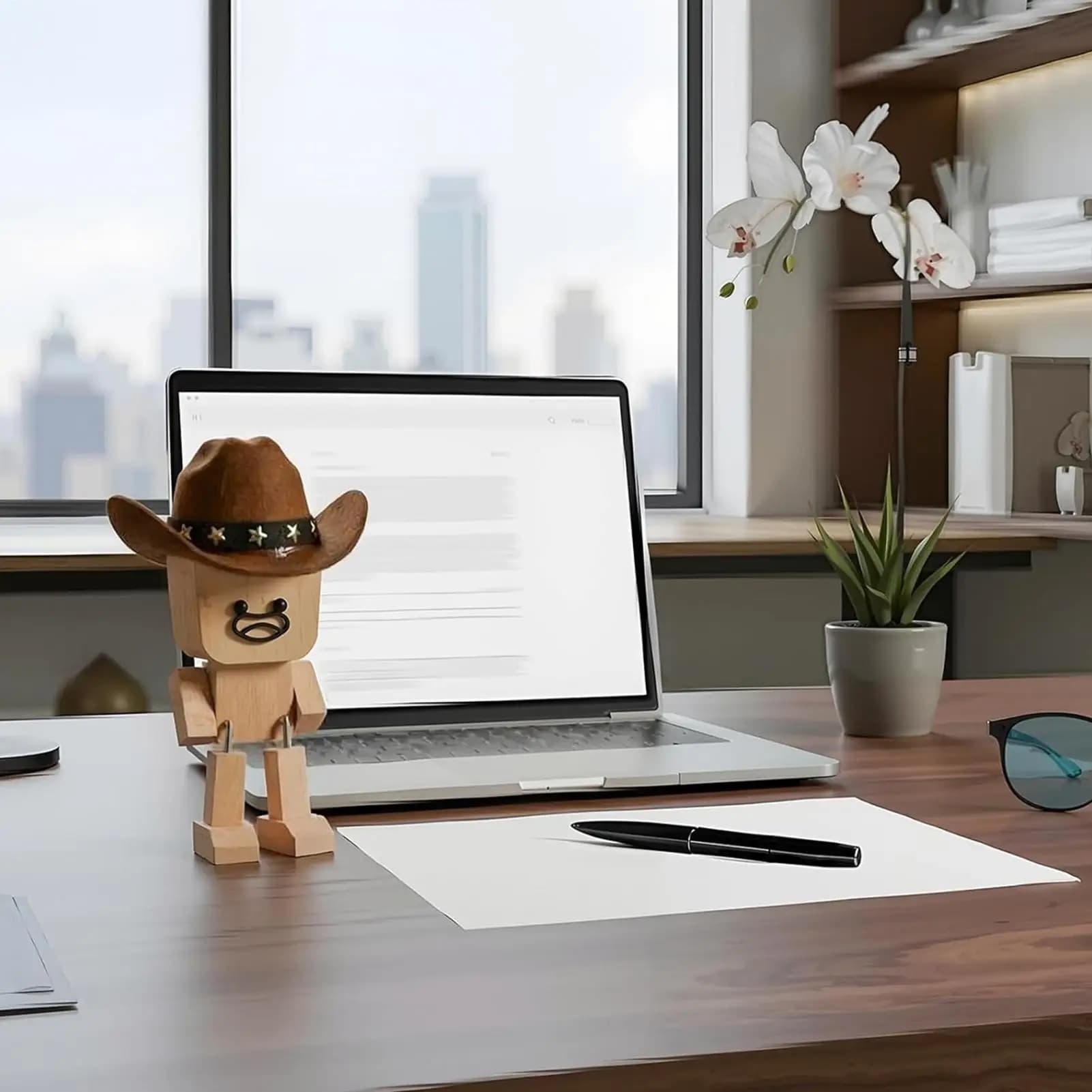 Statuetta Scuotibile in Legno a Forma di Cowboy con 12 Espressioni Magnetiche, Bambola Figurina da Cruscotto per Auto, Casa, Soggiorno, Camera da Letto
