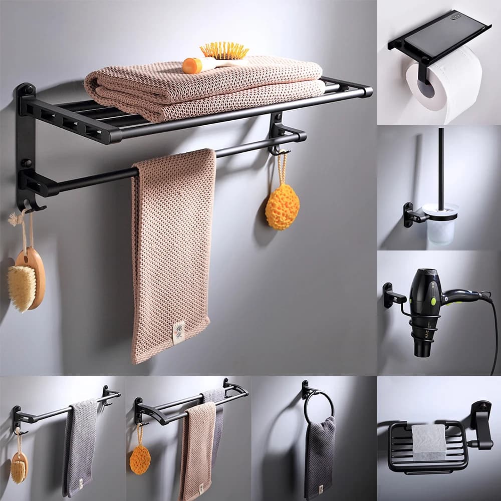 Set di 9 mensole da parete per bagno, combinazione di accessori per WC, portasciugamani, gancio appendiabiti, porta carta/porte spazzolino