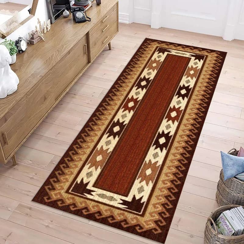 Southwestern Tribal Geometric Runner Rug, Brown Earth Tone Floor Mat for Hallway Entryway, Rustic Native Style Home Decor Carpet