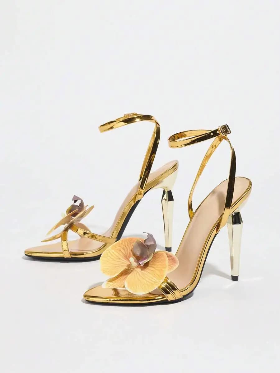 Womens Gold Electroplated Thin High Heel Sandals With Orchid Flower Decor Adjustable Ankle Strap Elegant Party Dress Shoes
