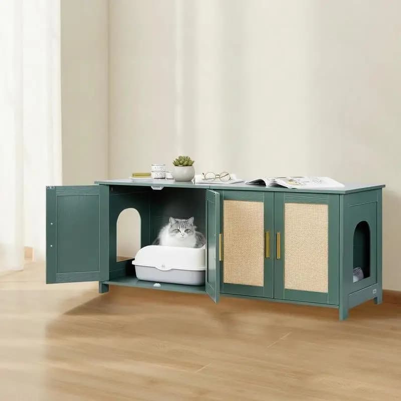 Cat Litter Box Enclosure for Multi Cats, 47.2 in Hidden Litter Box Cabinet with 4 Rattan Doors & 2 Entries, Indoor Cat Washroom, Wooden Kitty House Furniture, Fit Most Litterboxes, Green