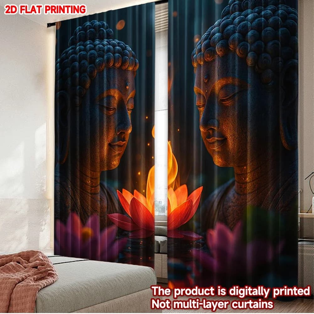 Stampa piatta 2D 2 pezzi Tenda figura di Buddha Tende in poliestere stampate digitali Decorazioni per feste Perfette per la parete della camera da letto