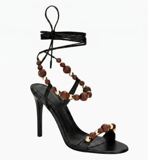 Summer Gold Black Brown Wood Ball Beading Ankle Strap Sandals Round Open Toe One Line Lace Up Stiletto Heels Sandals Women Shoes