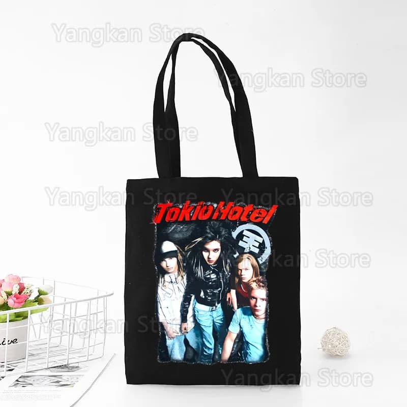 Borsa tote in tela personalizzata con stampa Rock Band Tokio Hotel, per uso quotidiano, riutilizzabile, da viaggio, per lo shopping casual