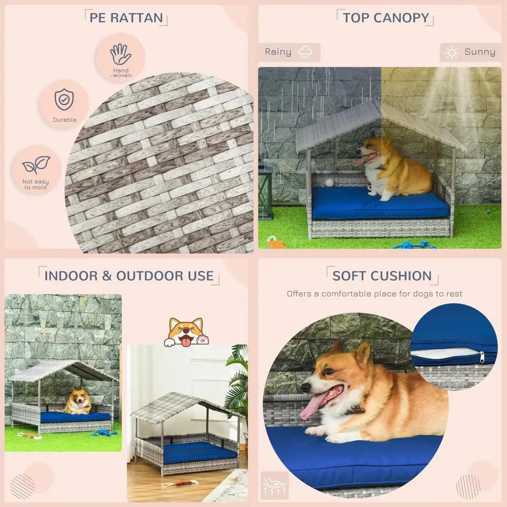 Cuccia per cani da esterno in vimini con letto in rattan e cuscino resistente all'acqua per razze piccole e medie fino a 30 kg, lunghezza 20, Gradien
