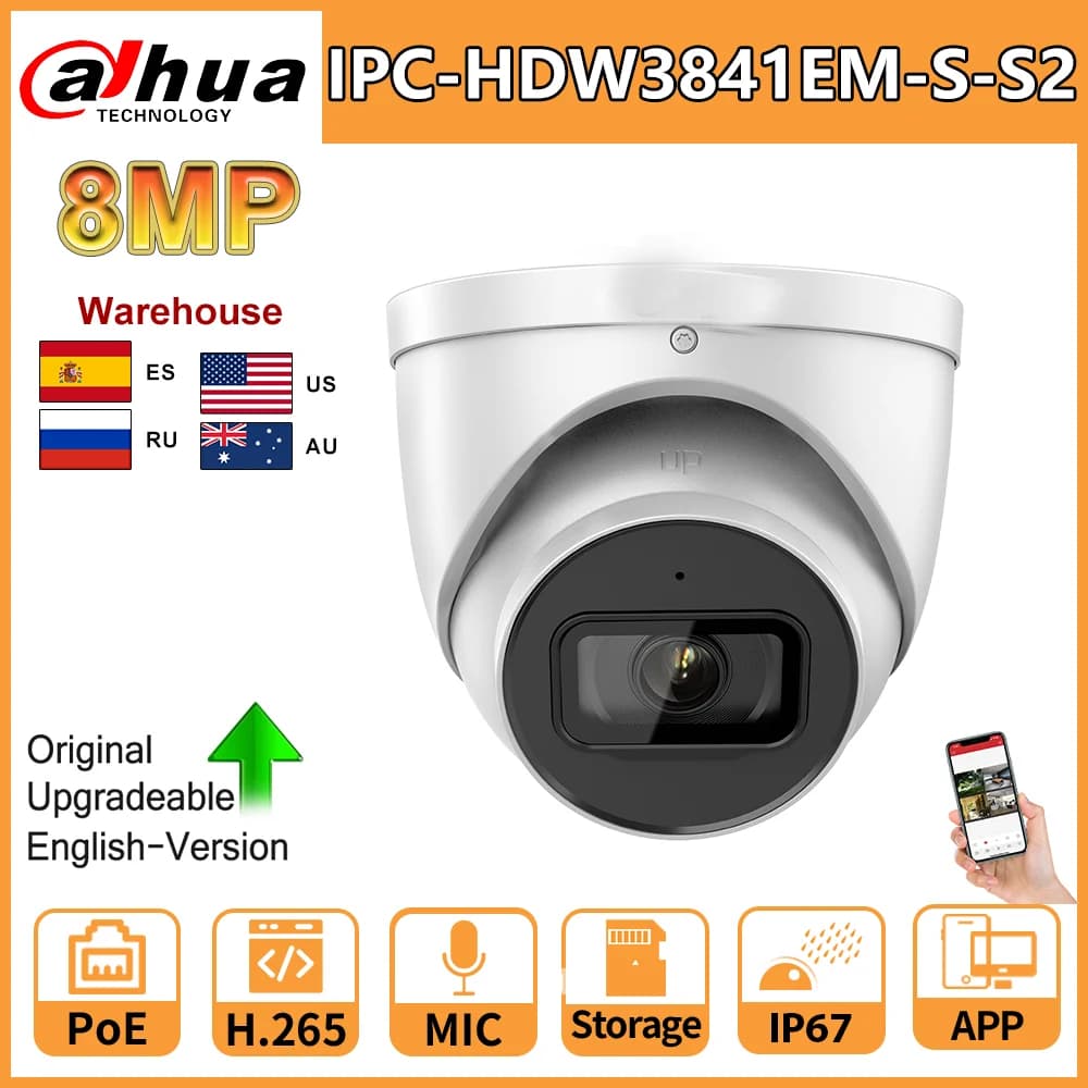 Telecamera IP Dahua da 8 MP WizSense IPC-HDW3841EM-S-S2 Supporto microfono incorporato Scheda SD Telecamere di videosorveglianza da 5 MP IPC-HDW3541EM-AS