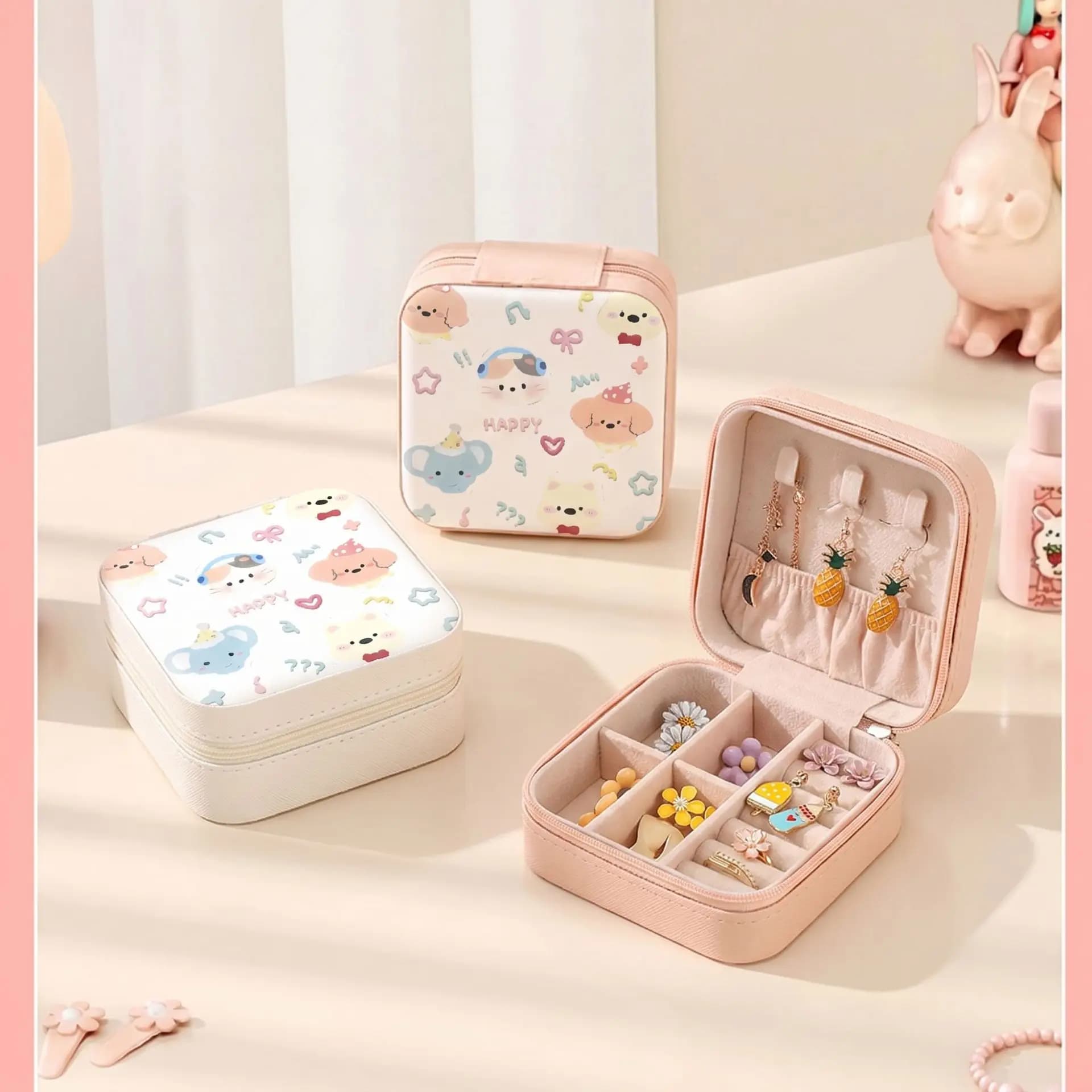 Elegante Mini Portagioie con Stampa di Animali Cartoon per Ragazze, Scatola Portatile da Viaggio per Orecchini e Anelli