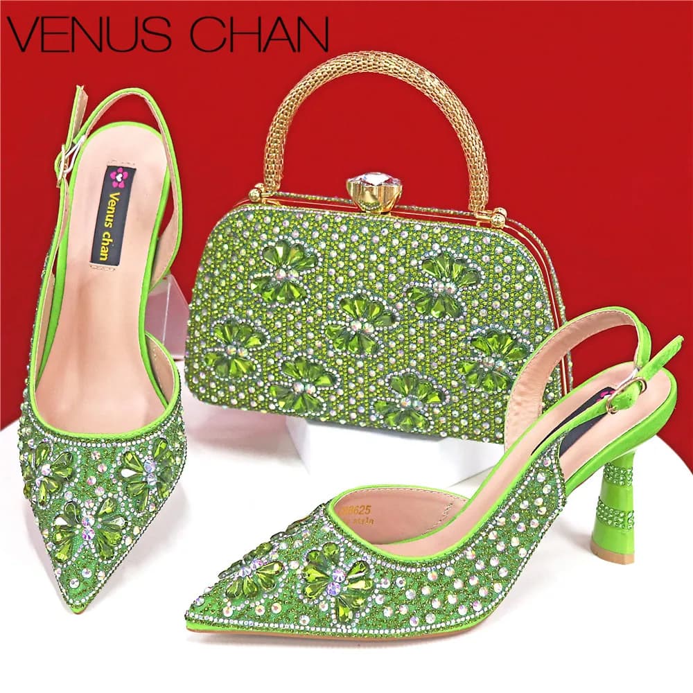 Scarpe da festa e pochette da donna di lusso con strass verdi - Eleganti tacchi in cristallo con borsa da sera abbinata