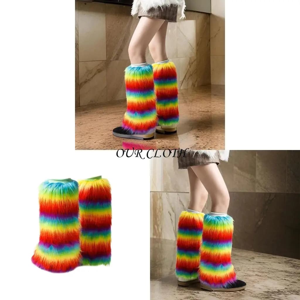 Multifunctional Plush Leg Warmers for Outdoor Activity Rainbow Boot Covers Cuffs Y1AC