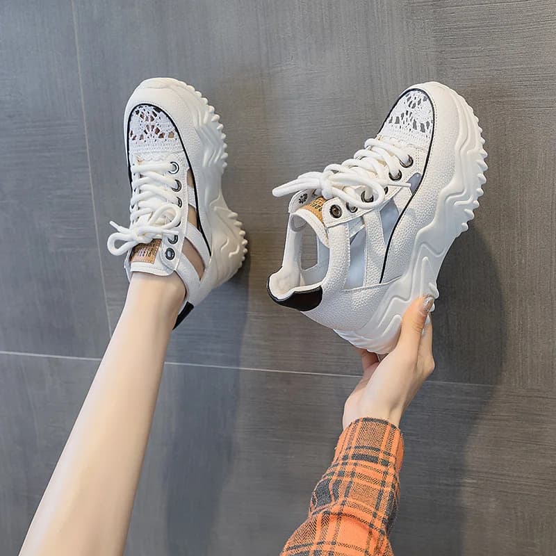 Breathable Casual Women's Shoes 2025 New Style Hollow Out Soft Leather Sneaker with Increased Inner Heel Versatile Pointed