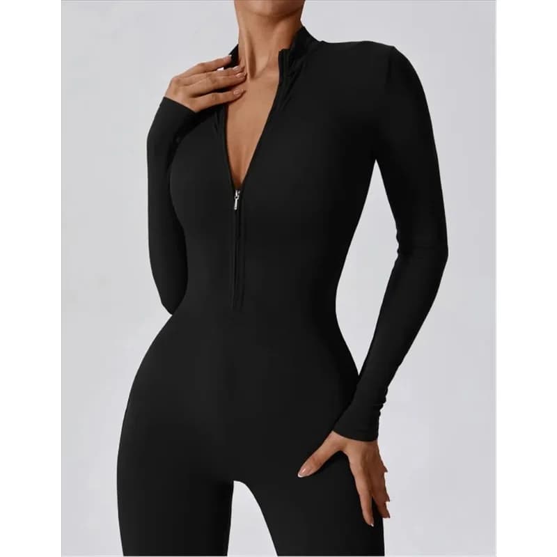 Tuta intera da yoga a mezza zip, tinta unita, sexy, a maniche lunghe, abbigliamento sportivo integrato per donna