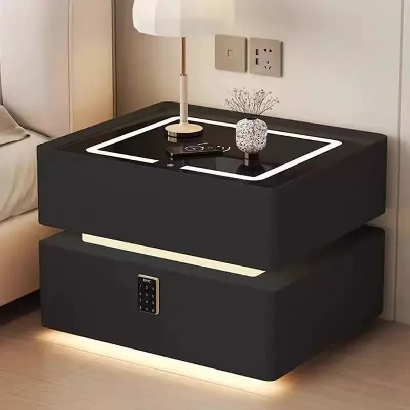 Suspended smart bedside table sensor light, wireless charging multi-functional bedroom with lock bedside locker