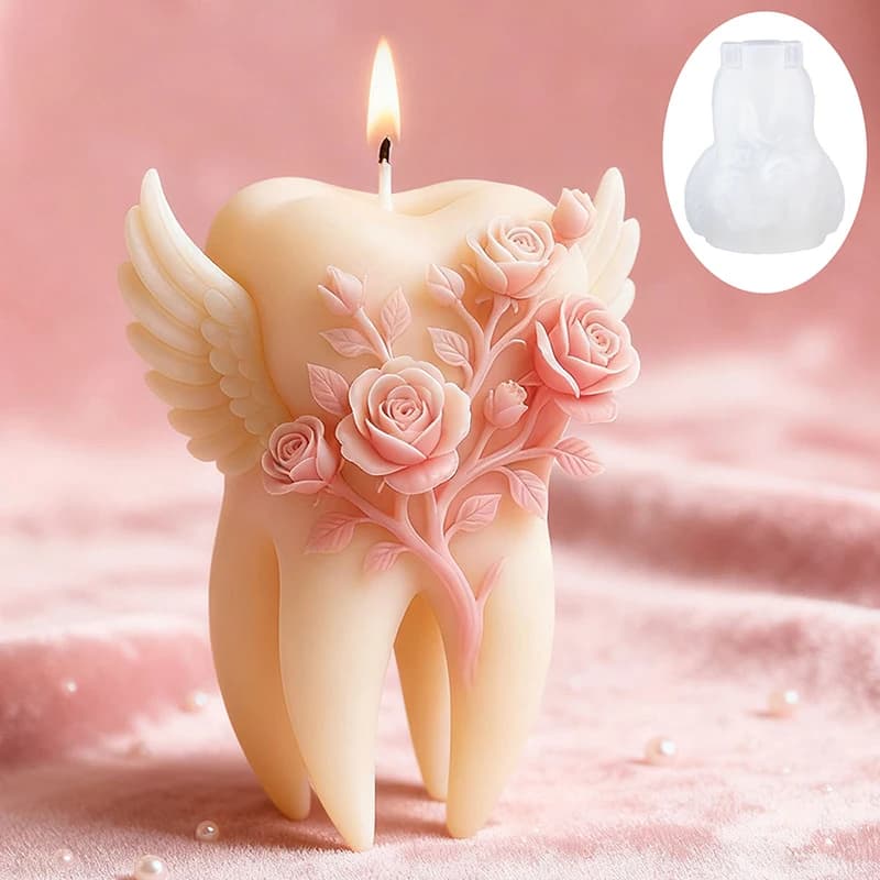 Stampo in silicone per candele a forma di dente con ali, stampo in silicone 3D a forma di dente con rosa in rilievo, stampo fai da te per aromaterapia, gesso e resina epossidica