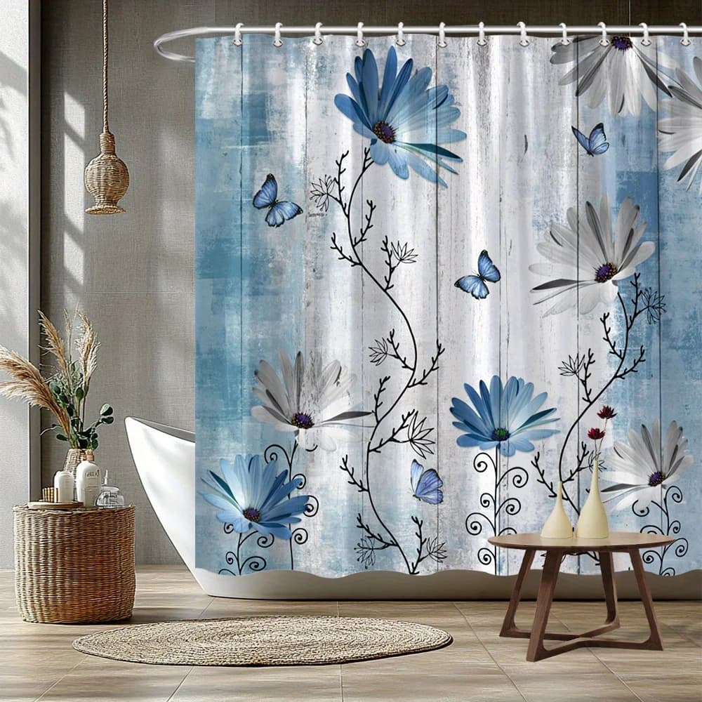 1 tenda da doccia con motivo margherita azzurro e bianco, lavabile in lavatrice, tessuto in poliestere, adatta per l'arredamento del bagno.