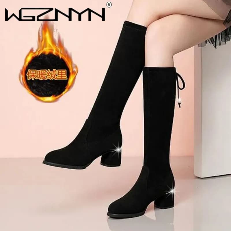 Women's Autumn Winter Knee Boots Black 2025 New comfort Lace Up Chunky High heels Shoes Fashion warm suede Round toe Botas Mujer