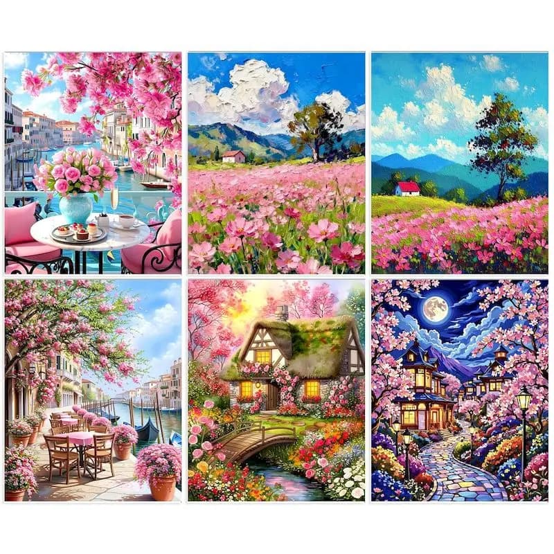 CHENISTORY Paint By Numbers Cherry Blossoms Scenery DIY Canvas Painting Oil Painting By Numbers Village Craft Kits For Adults Ho