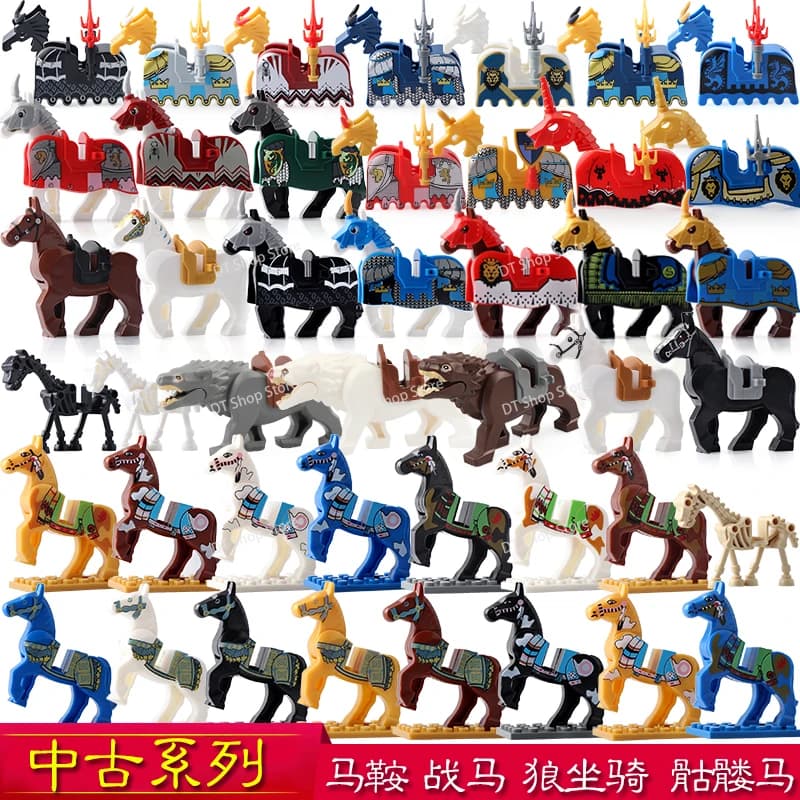 Cavallo da guerra militare la cavalleria monta la sella animale antichi blocchi di costruzione mattoni modello scheletro cavalli lupo Mount giocattoli educativi