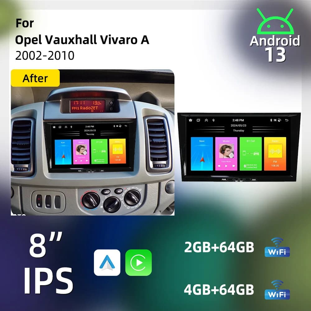 Autoradio multimediale per auto con schermo da 8 pollici per Opel Vauxhall Vivaro A 2002-2010, Carplay, 2 Din, Android, GPS, WIFI, stereo.