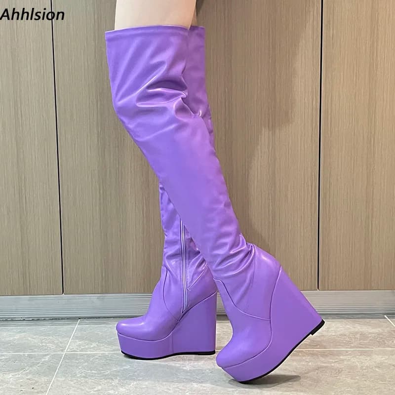 Stivali invernali sopra il ginocchio fatti a mano da donna Zeppe con cerniera laterale Tacchi Punta tonda Rosa Fucsia Verde Scarpe da festa Donna Taglia USA 5-20