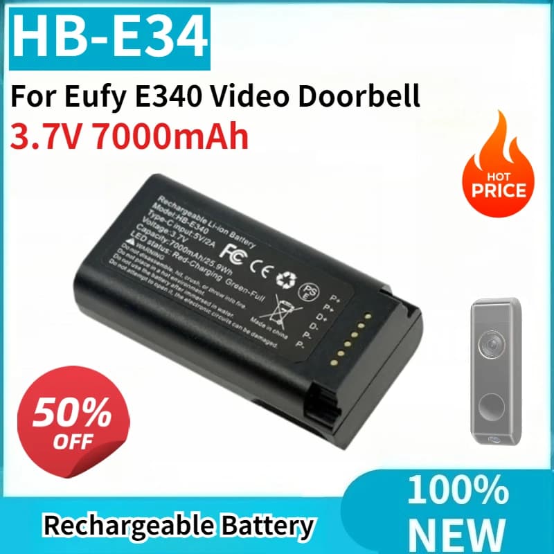 Nuova Batteria per Serratura HB-E340 3.7V 7000mAh Sostituibile per Campanello Video Eufy E340, Batteria Ricaricabile agli Ioni di Litio con Ricarica Type-C