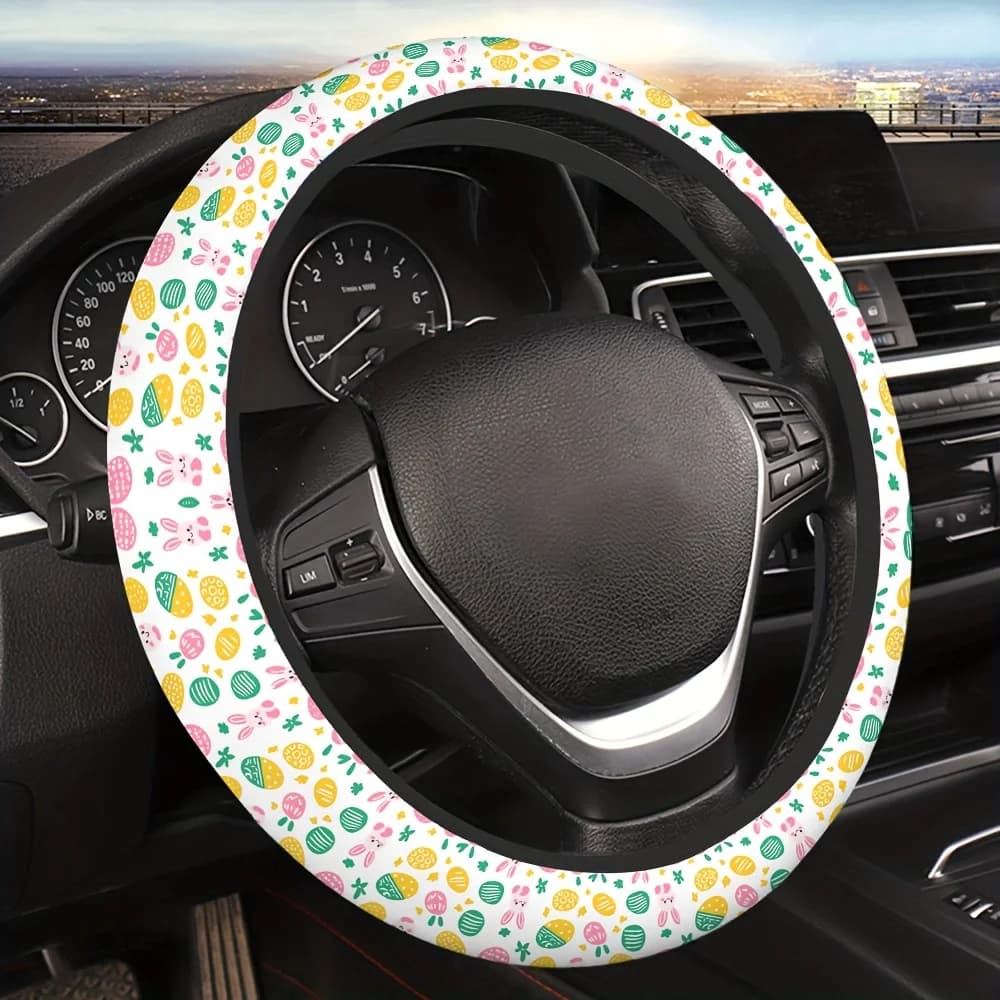 1 piece paschal theme cover with bunny, chicks, eggs, spring flowers, pastel/yellow/green pink, suitable for the wheel of the car