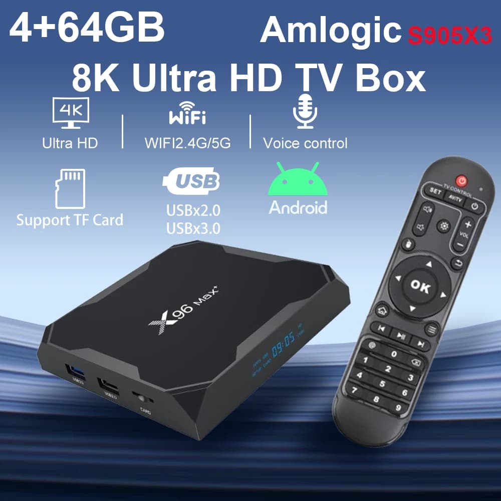 2026 X96Max+ Smart TV Box 4GB/64GB Android 9 Amlogic S905X3 Quad Core TV BOX 8K 4K 2.4G/5G Wifi BT Media Player Decoder TV