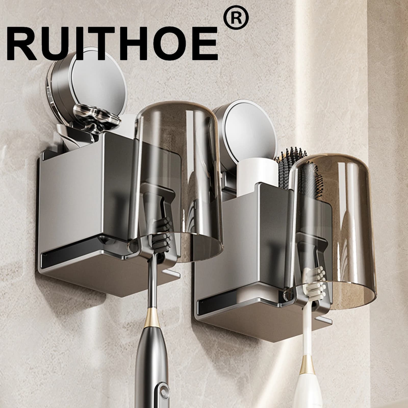 Metal Toothbrush Rack Multi-Function Toothbrush Holder Punch-Free Toothpaste Holder Wall-Mounted Bathroom Storage Box white
