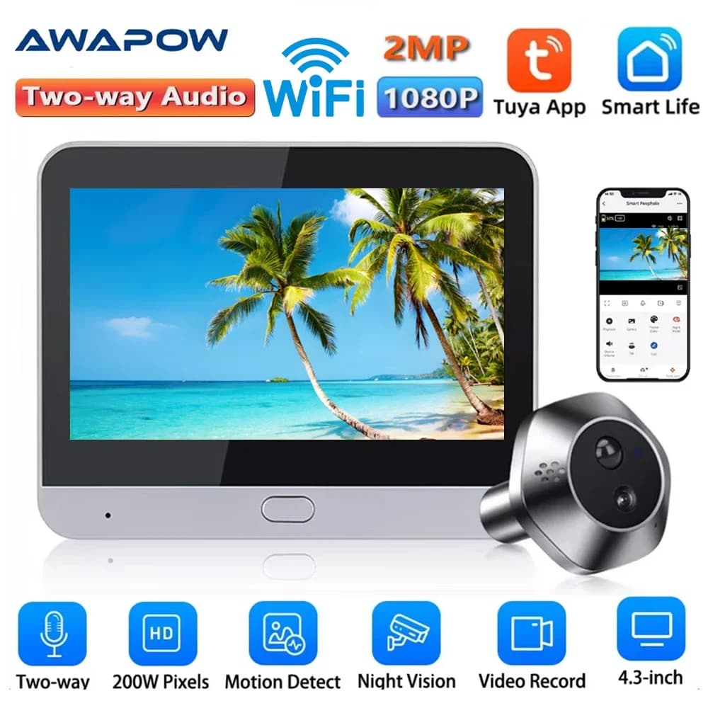 Awapow Telecamera spioncino WiFi wireless Tuya Campanello audio Telecamera digitale per porta domestica Visualizzatore Smart Life Rilevazione movimento PIR