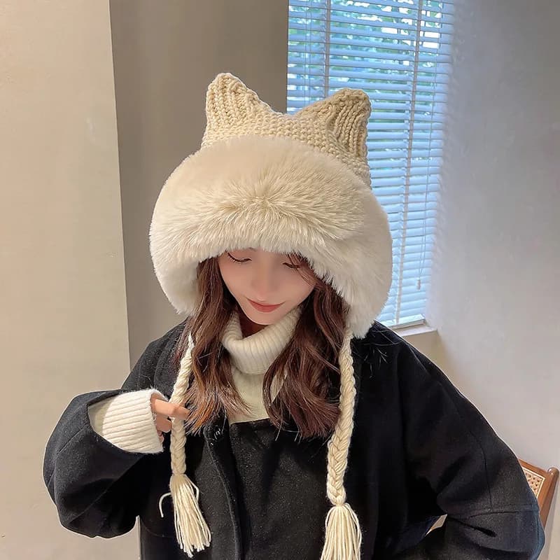 Nuove donne inverno caldo carino berretto cappello orecchie di gatto Lady Kawaii lavorato a maglia berretti all'uncinetto cappello con treccia per le donne