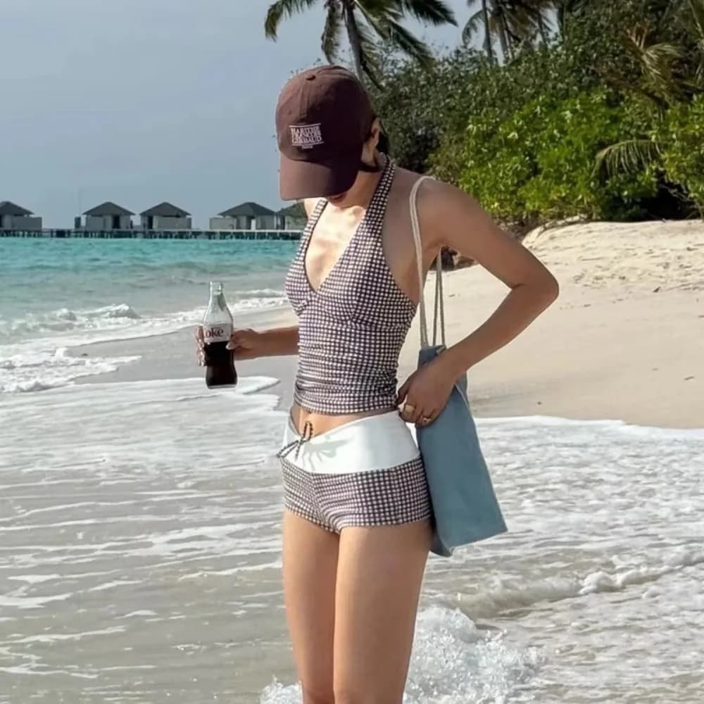 Costume da bagno due pezzi sexy con scollo a V profondo, push-up, slip a vita alta a quadri, controllo pancia, senza schienale, per vacanze al mare