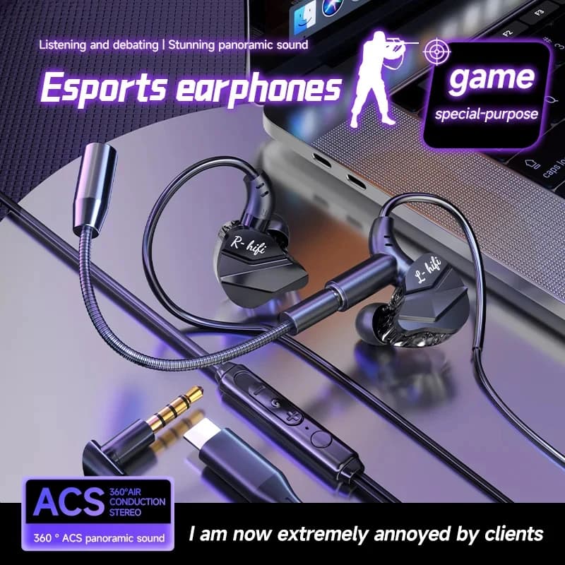 Game Headphones for players with dual Typec microphones and 3.5 mm in-ear headphones HiFi Sport stereo headphones with microphone for Samsung