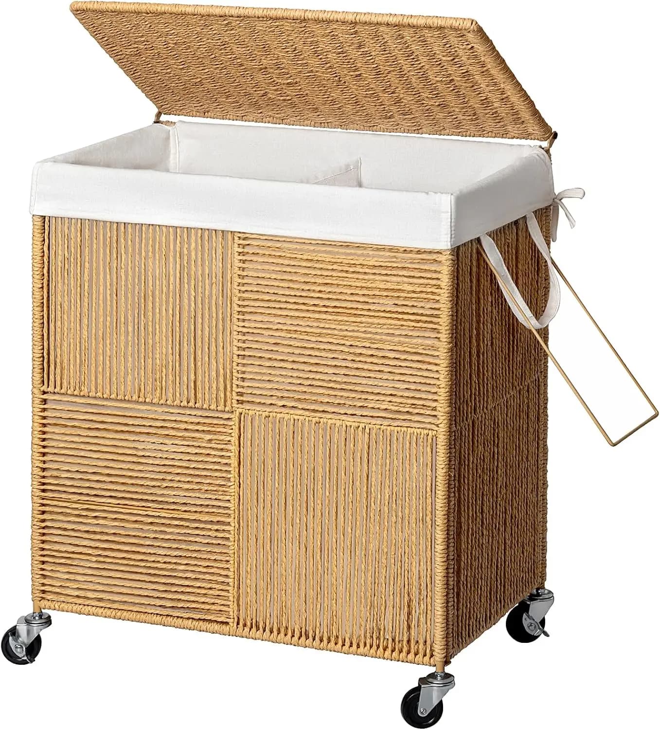 Double Laundry Hamper with Lid, Handwoven Rolling Basket with Wheels, 115L Large Capacity Dirty Clothes Sorter, Removable Liner Bag, Natural