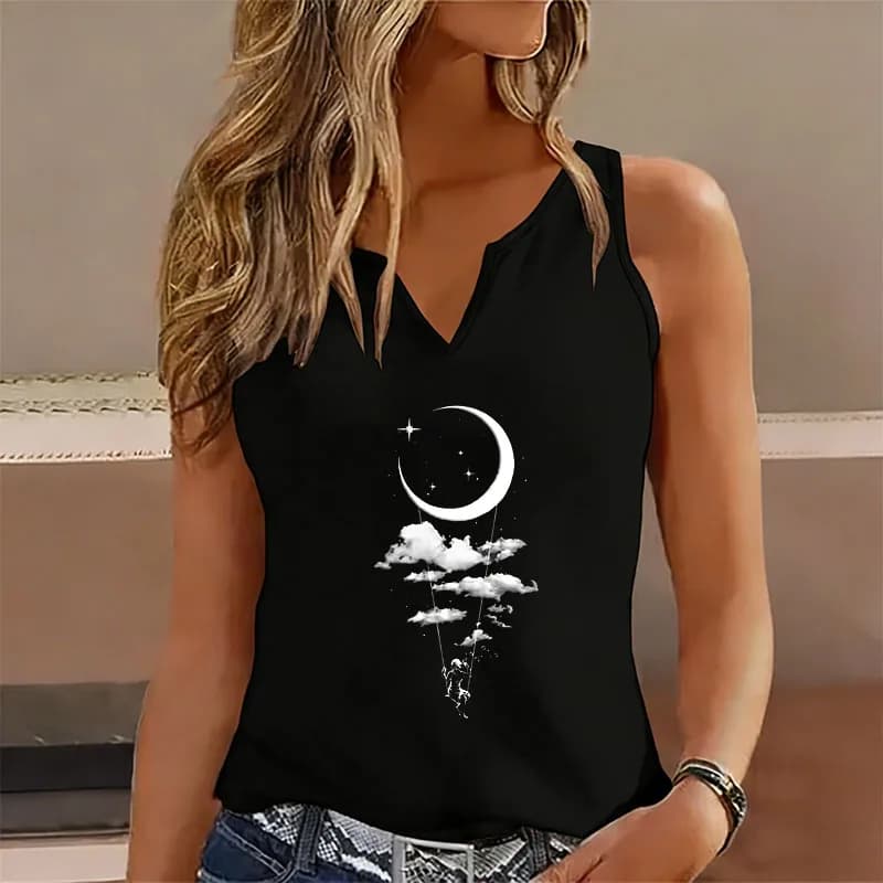 T-shirt Canotta Donna Trendy Y2K Moon Harajuku Senza Maniche Scollo a V Casual