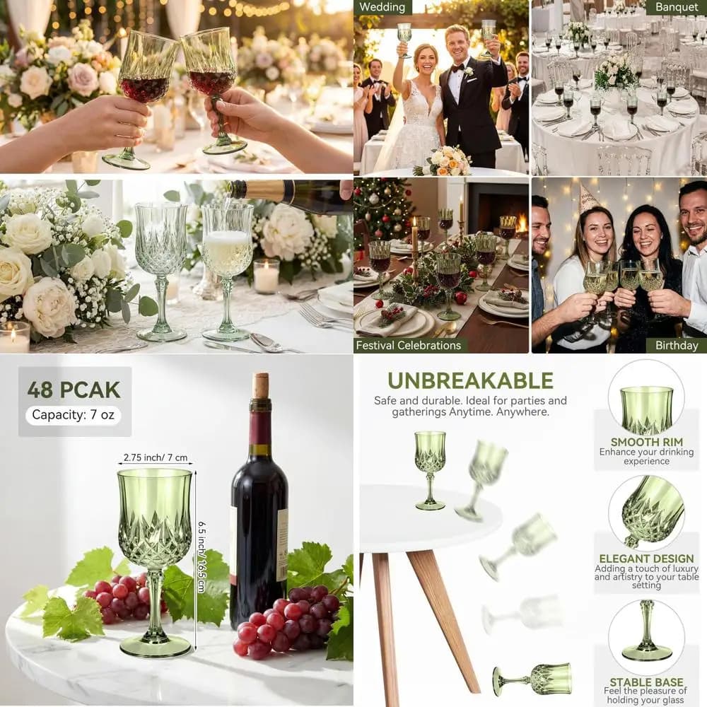 Bicchieri da Vino in Plastica Infrangibile da 7oz - Calici Verde Vintage Riutilizzabili, Ideali per Matrimoni, Feste ed Eventi