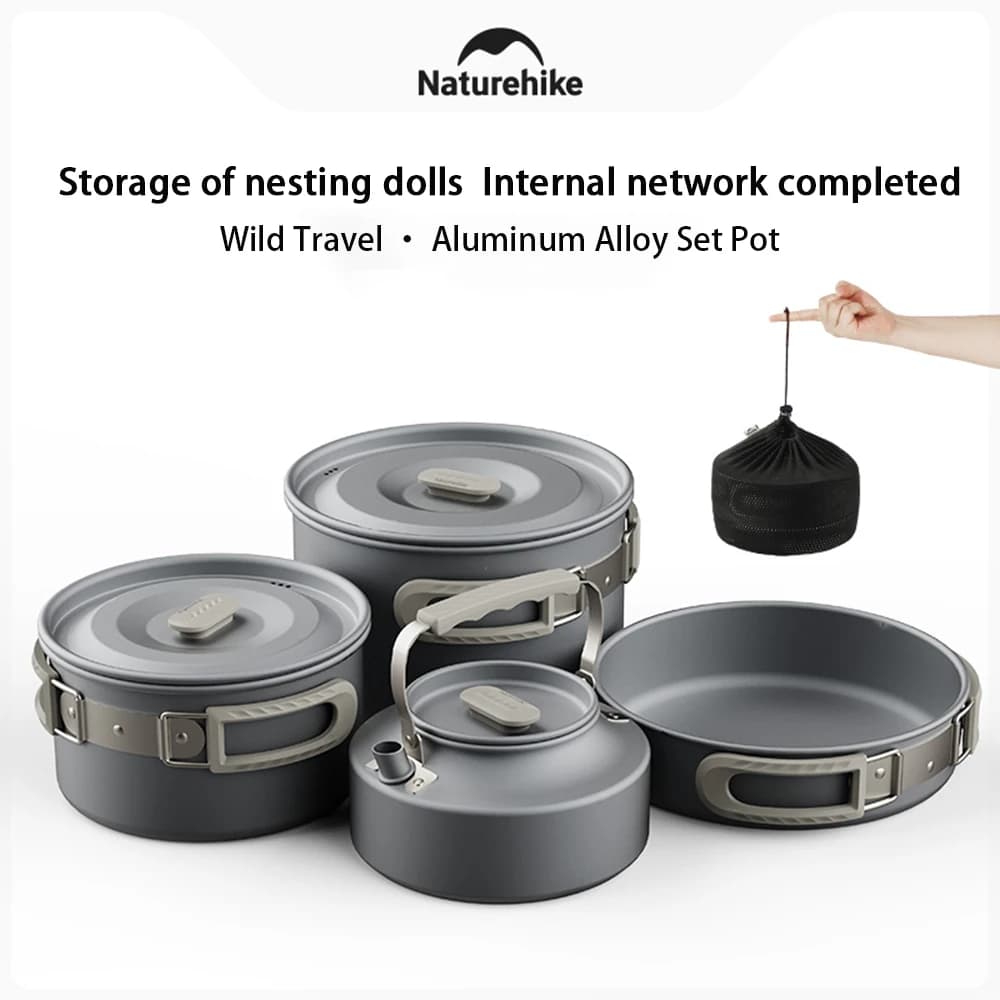Naturehike Set of outdoor pots, camping kitchen equipment, stainless steel portable pan, picnic dishes for hiking