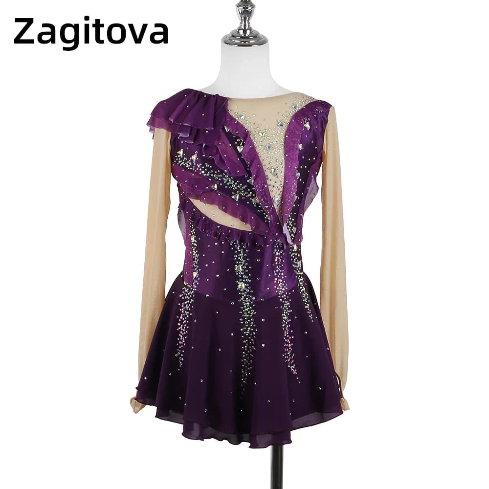 Costume da Pattinaggio Artistico Zagitova per Donne e Ragazze, Gonna da Pattinaggio su Ghiaccio, Costume da Competizione con Diamanti Lucenti Viola