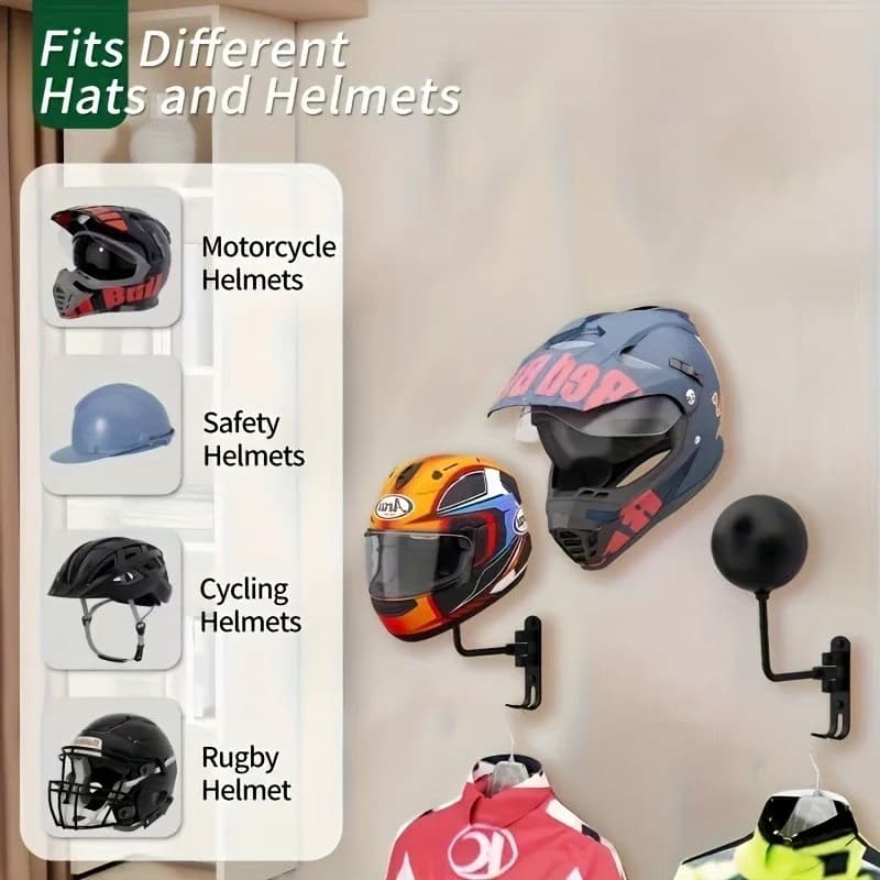 Wall Mount Motorbike Helmet holder 180° rotation Football Bicycle Helmet holder View helmet Support for coat hangers With 2 hooks