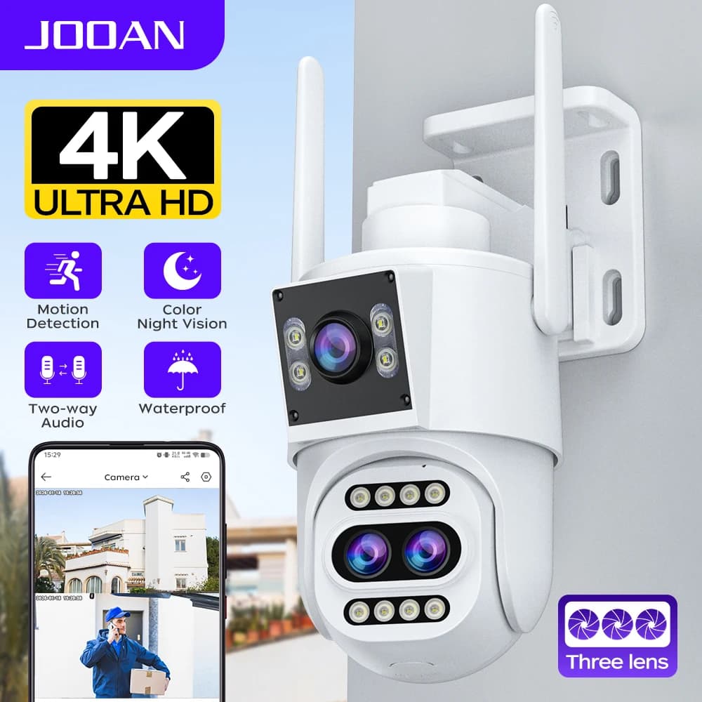 IP camera WiFi JOOAN 4K with three external lenses, 10x zoom, double screen, PTZ, security, automatic tracking, night vision, video surveillance