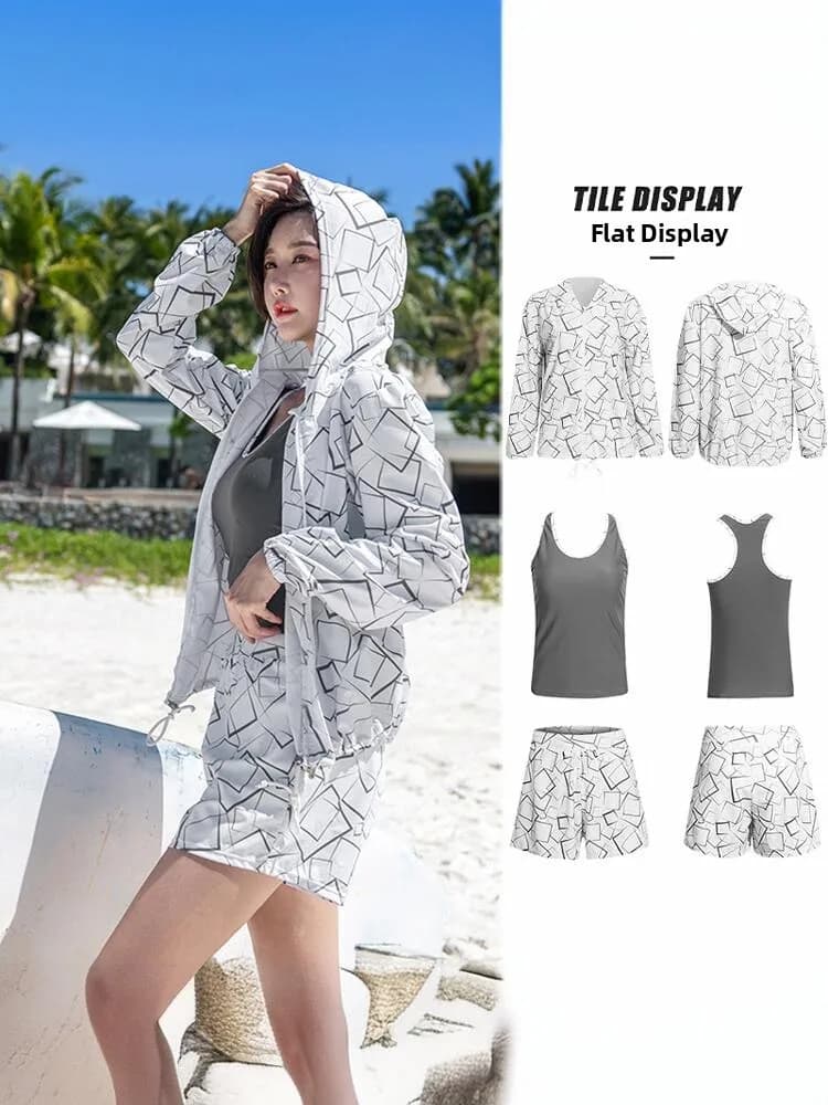 Costume da bagno due pezzi con cappuccio da donna, modello conservativo a tre pezzi, taglie forti, per vacanze al mare, protezione solare, per sorgenti termali, nuovo costume da bagno