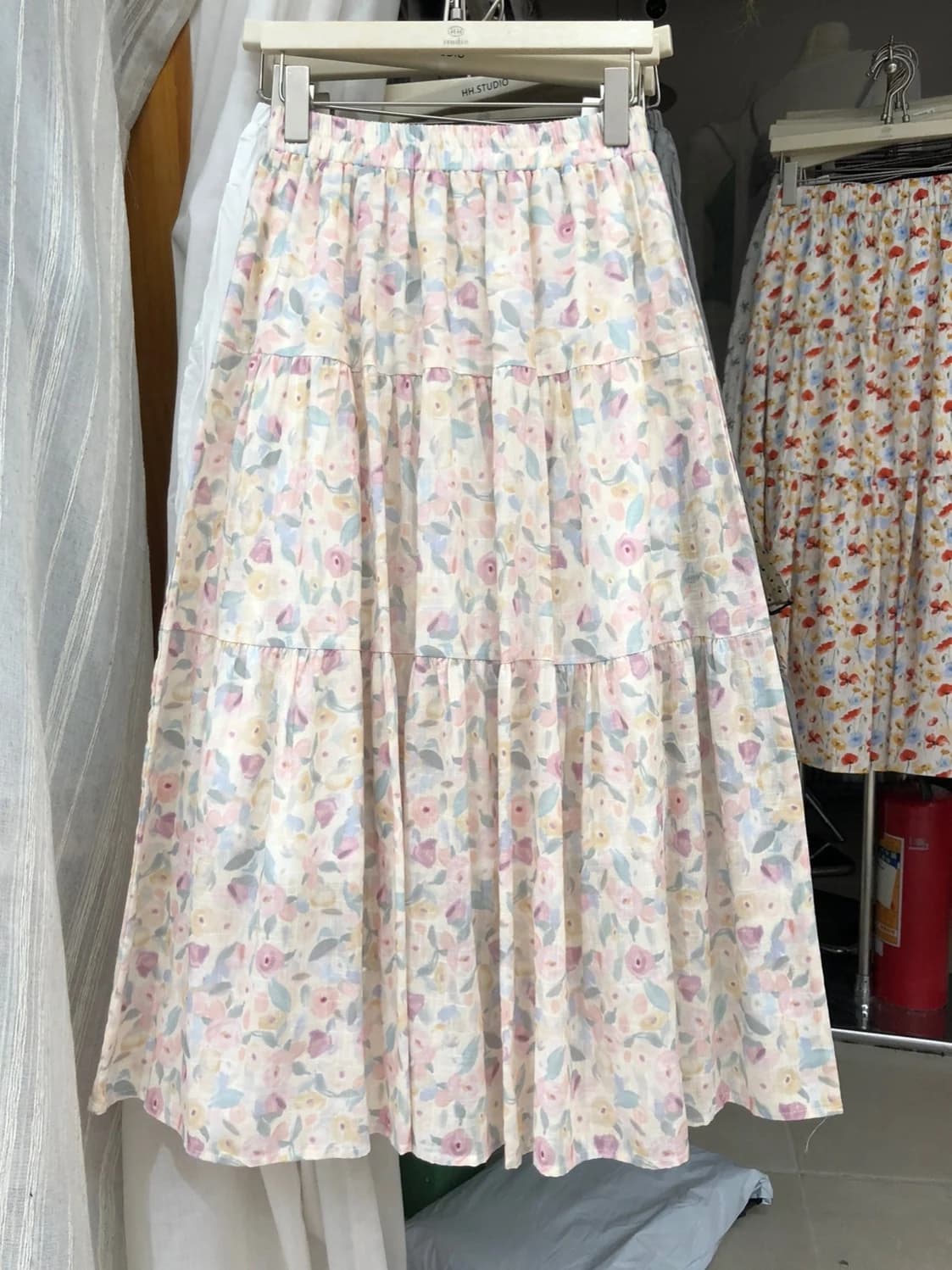 Gonna Lunga Floreale in Cotone e Lino Stile Coreano da Donna, Primaverile Estiva, Dolce e Versatile, a Vita Alta, Sottile, a Trapezio
