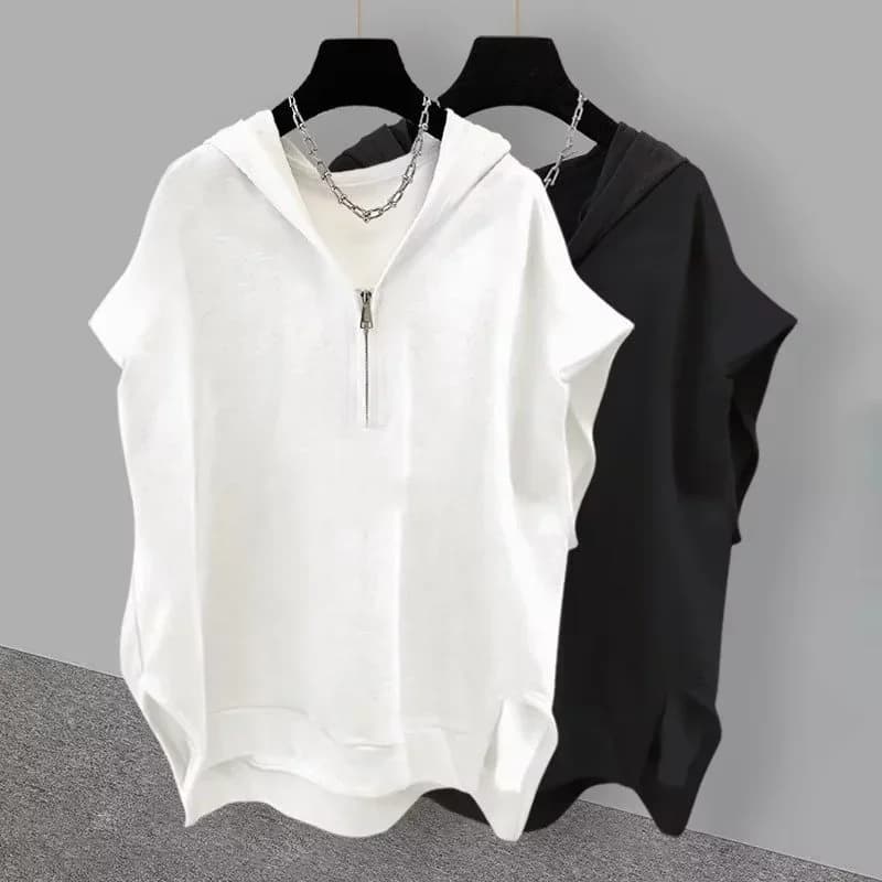 T-shirt senza maniche con cappuccio con cerniera estiva Canotte moda coreana da uomo 2025 Nuovo Y2K Streetwear Gilet casual T-shirt Hip Hop